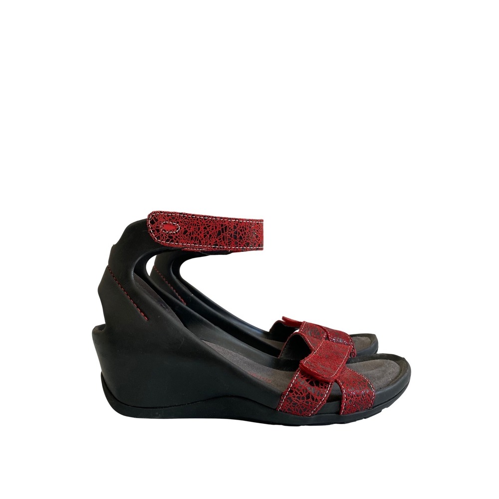 Wolky Red Black Leather Wedge Ankle Strap Comfort Sandals‎ Womens 40 US 9